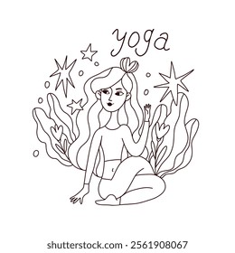 A young girl does yoga. The Ardha Matsyendrasana twisting pose promotes flexibility and relaxation. 
Contoured vector graphics on a white background