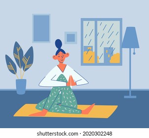 Young girl does yoga at home. Rain outside the window. Sport, yoga, fitness concept. Active lifestyle and body healthcare. Meditation practice. Interior. Doing yoga at home. Flat vector illustration