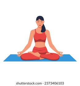 A young girl does yoga. International yoga day. Nice woman in lotus position. Meditation concept. Relaxation and rest. Healthy lifestyle. Vector illustration flat design. Isolated on white background.