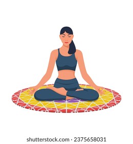A young girl does yoga. International yoga day. Nice woman in lotus position. Meditation concept. Relaxation and rest. Healthy lifestyle. Vector illustration flat design. Isolated on white background.