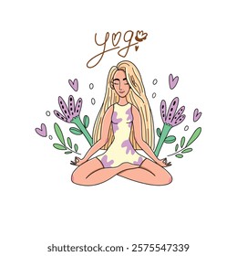 A young girl does yoga. The lotus position with closed eyes promotes flexibility and meditation. 
Vector graphics on a white background