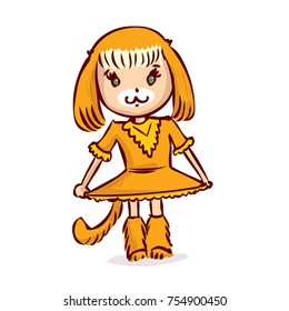 Young girl in a dog carnival suit. Hand drawn cartoon vector illustration
