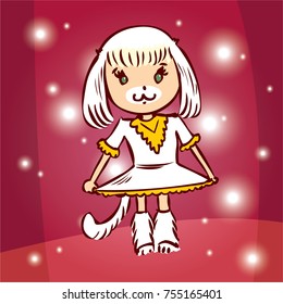 Young girl in a dog carnival suit. Hand drawn cartoon vector illustration