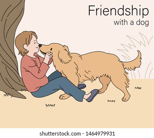 A young girl and a dog are sharing friendship sitting under a tree. hand drawn style vector design illustrations. 
