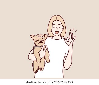 young girl with a dog Yorkshire terrier. Hand drawn style vector design illustrations.