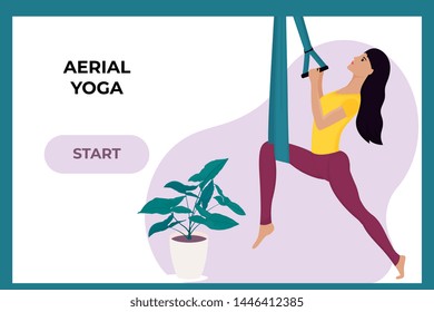 Young girl doing aerial yoga in a hammock. Landing page template.