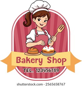 young girl doing baking cooking bread cake bakery label sticker logo