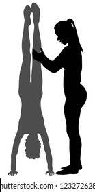 Young girl doing cartwheel exercise wit help of coach. Sport athlete woman in handstand position vector silhouette illustration. Standing on hand pose. Hand stand acrobatics. Personal trainer in gym.