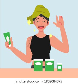Young girl, doing daily skincare routine, illustration concept.