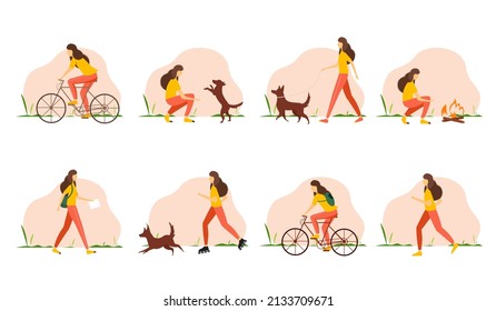 Young girl doing different outdoor activities in spring. Vector illustration on a white isolated background.