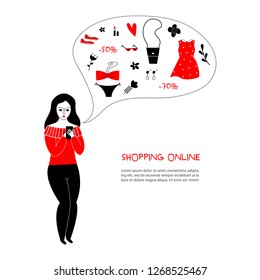 Young girl doing e-shopping. Shopping online on mobile.- Vector.