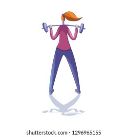Young girl doing exercise with barbell, back view. Woman in sportswear. Sports theme. Cartoon vector design