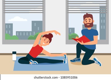 Young Girl Doing Exercise Sitting On Floor. Coach Writing Notes In Folder. Fitness Gym Interior With Big Windows. Flat Vector Design