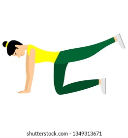 Young girl doing exercises or aerobic in the gym. Arms, legs and butt training for women. Fitness exercises for strong and beautiful body. Vector women icon of gym  isolated on white background.  