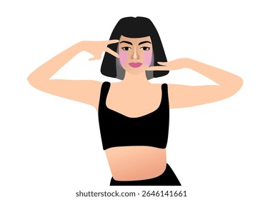 Young girl doing facial fitness, beauty treatments, facial massage, beauty routine, brunette with bob haircut, in short top