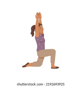 Young girl doing fitness sport, lunges with hands up. Teenager woman in sportswear isolated on white. Exercises on flexibility and balance, vector flat cartoon character