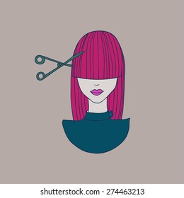 Young girl doing haircut in the barber shop. vector illustration.