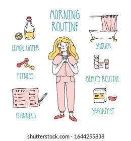 A young girl doing her morning routine including fitness, drinking lemon water, shower, breakfast, beauty rituals and planning. Woman self care concept. Vector illustration in a hand drawn style