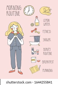 A young girl doing her morning routine including fitness, drinking lemon water, shower, breakfast, beauty rituals and planning. Woman self care concept. Vector illustration in a hand drawn style