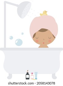 A young girl doing her morning routine including, taking a bath, beauty rituals. Woman self care concept. Vector illustration in cartoon style.
