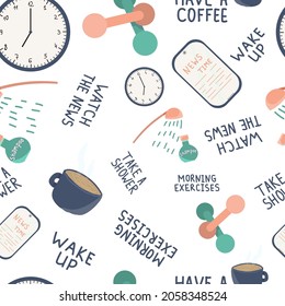 A young girl doing her morning routine including take a shower, have a coffee, watch the news and morning exercises. Woman self care concept. Vector illustration in a hand drawn style