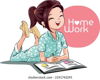 Young girl doing his homework happily.Vector cartoon.