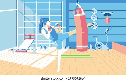 young girl doing kickboxing exercise at gym, with many gym equipment in the background. used for landing page image, poster and other