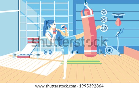 young girl doing kickboxing exercise at gym, with many gym equipment in the background. used for landing page image, poster and other