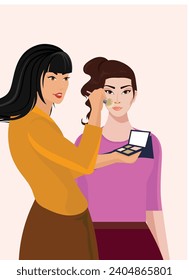 Young girl doing make up. Beauty concept vector illustration.