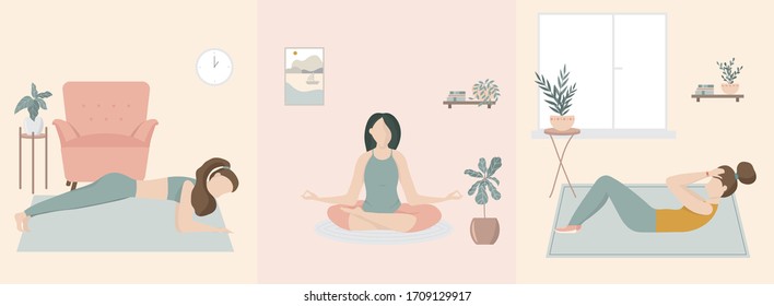 Young girl doing sport at home, fitness, set of women doing sports, yoga. Sport women vector flat illustration