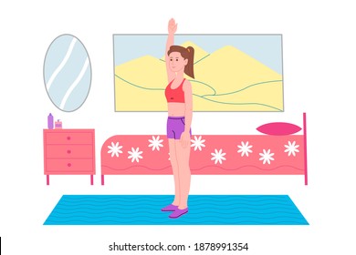 Young girl doing sports physical exercises, home workouts and fitness at home during quarantine and lead healthy lifestyle. Flat vector illustration. People, men and women using the house as a gym.