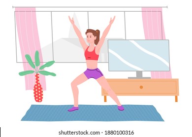 Young girl doing sports physical exercises, home workouts and fitness at home during quarantine and lead healthy lifestyle. Flat vector illustration. People, men and women using the house as a gym.
