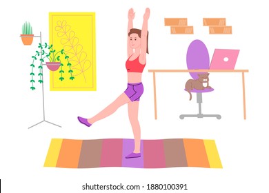 Young girl doing sports physical exercises, home workouts and fitness at home during quarantine and lead healthy lifestyle. Flat vector illustration. People, men and women using the house as a gym.