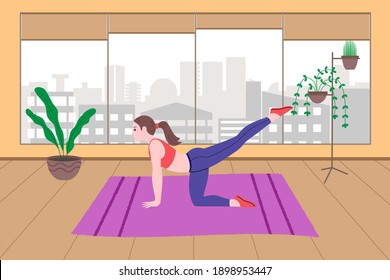 Young girl doing sports physical exercises, home workouts and fitness at home during quarantine and lead healthy lifestyle. Flat vector illustration. People, men and women using the house as a gym.