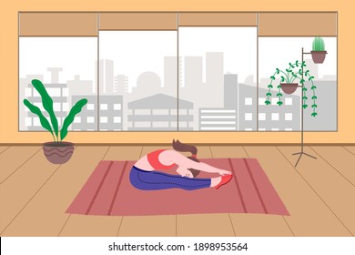 Young girl doing sports physical exercises, home workouts and fitness at home during quarantine and lead healthy lifestyle. Flat vector illustration. People, men and women using the house as a gym.