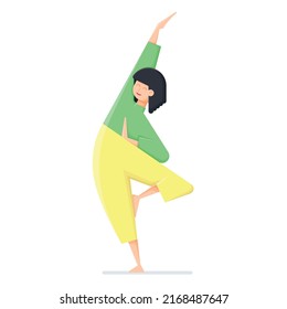 Young girl doing stretching yoga exercise. Girl in yoga pose, healthy lifestyle concept. Flat vector illustration