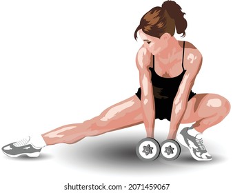 
young girl doing a warm -up and stretching using dumbbells