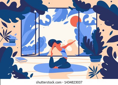 Young girl doing yoga asana training at home in front of window and greenery in room. Concept vector illustrationin blue and orange