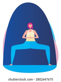 Young girl doing yoga asanas or stretching pose for strong fits as a concept of yoga, sports, activity, health. Flat vector stock illustration with character girl doing yoga