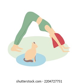 Young girl doing yoga with cat. Woman on the mat. Stretching. Red hair. Green clothes. Healthy work out. Pilates. Pose. Vector illustration. Isolated on a white. 