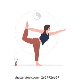 Young girl is doing yoga at the yoga class center. Strong woman practicing yoga, design isolated on white background. flat vector illustration
