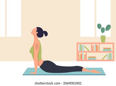 Young girl, doing yoga exercise at home, illustration concept.