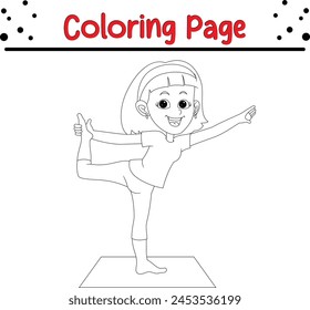 young girl doing yoga exercises coloring book page for kids.