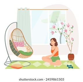Young girl doing yoga exercises, practicing meditation and stretching on the mat. Morning routine woman in yoga at home. Healthy lifestyle, training and sports. Trendy flat cartoon vector illustration