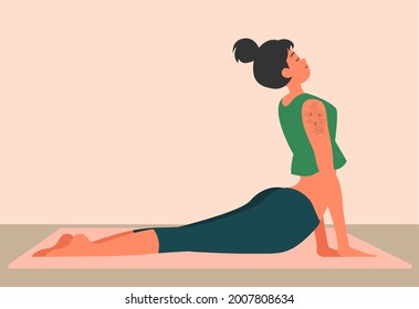 Young girl, doing yoga at her home, illustration concept.