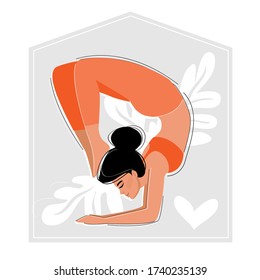 Young girl doing yoga at home. Asana pose. Workout fitness. Quarantine. Vector flat style illustration