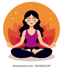Young girl doing yoga, meditating in lotus position. Flat minimalistic vector illustration.