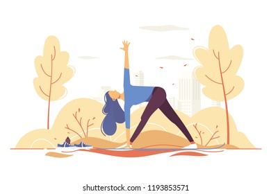 Young girl doing yoga in a park on city background.