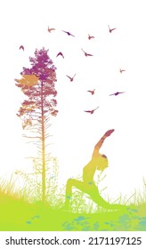 Young girl doing yoga in the park. Woman relaxing in the park . Vector illustration