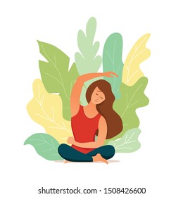 Young girl doing yoga pose meditation vector illustration. Fitness concept of woman healthy lifestyle. Flat style asana relax exercises design background.  